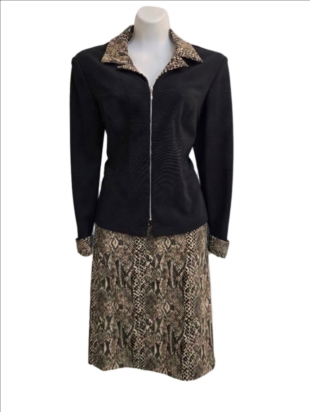 Ronni Nicole Designs A Black Jacket with Beige Snake-Print Midi Skirt